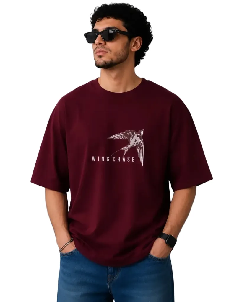 Men’s Oversized Wing Chase Graphic T-Shirt – Maroon