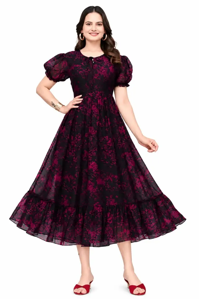 Floral Puff-Sleeve Midi Dress – Wine & Black