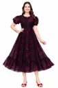 Floral Puff-Sleeve Midi Dress – Wine & Black