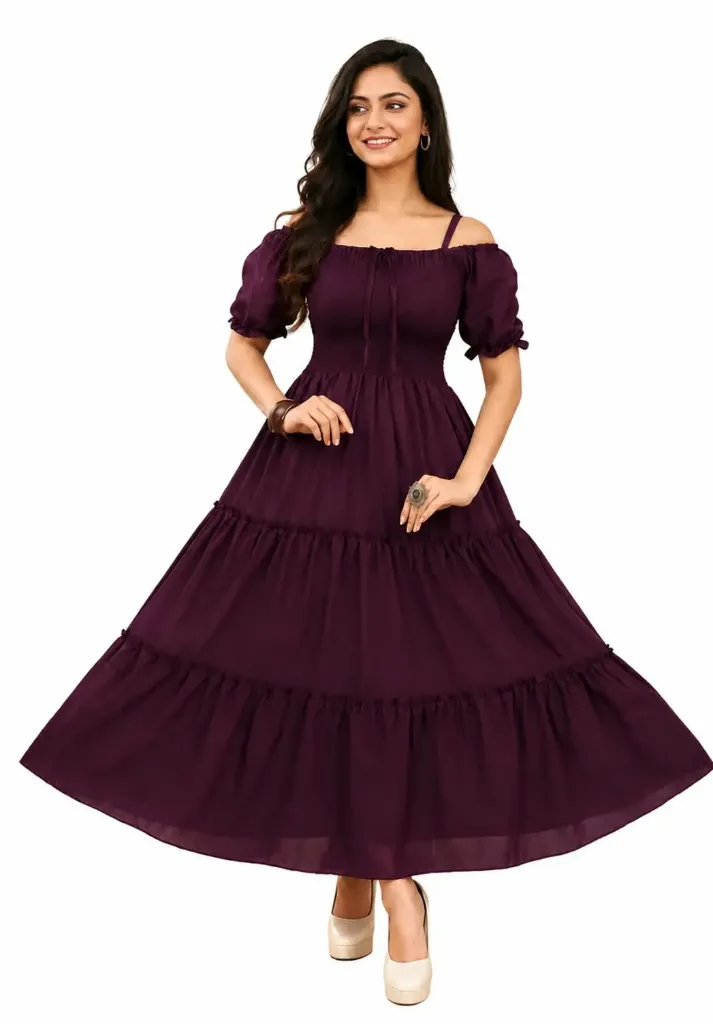 Solid Wine Off-Shoulder Tiered Midi Dress