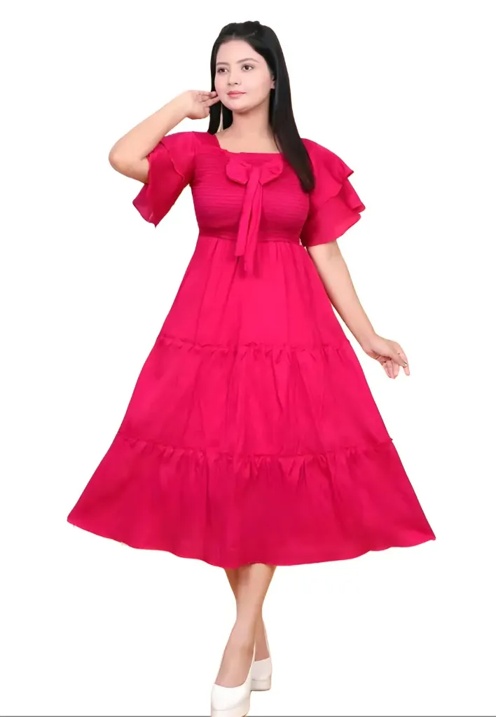 Women’s Solid Pink Ruffle Sleeve Midi Dress