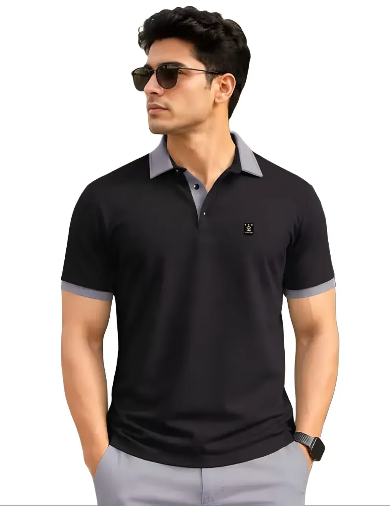 Men's Black & Grey Contrast Collar Polo T-Shirt
