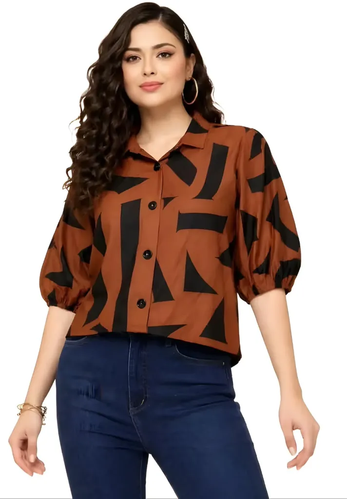 Geometric Print Puff-Sleeve Shirt