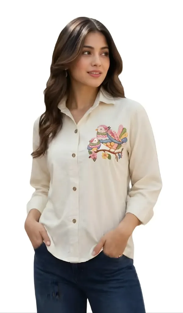 Whimsical Bird Motif Cream Shirt