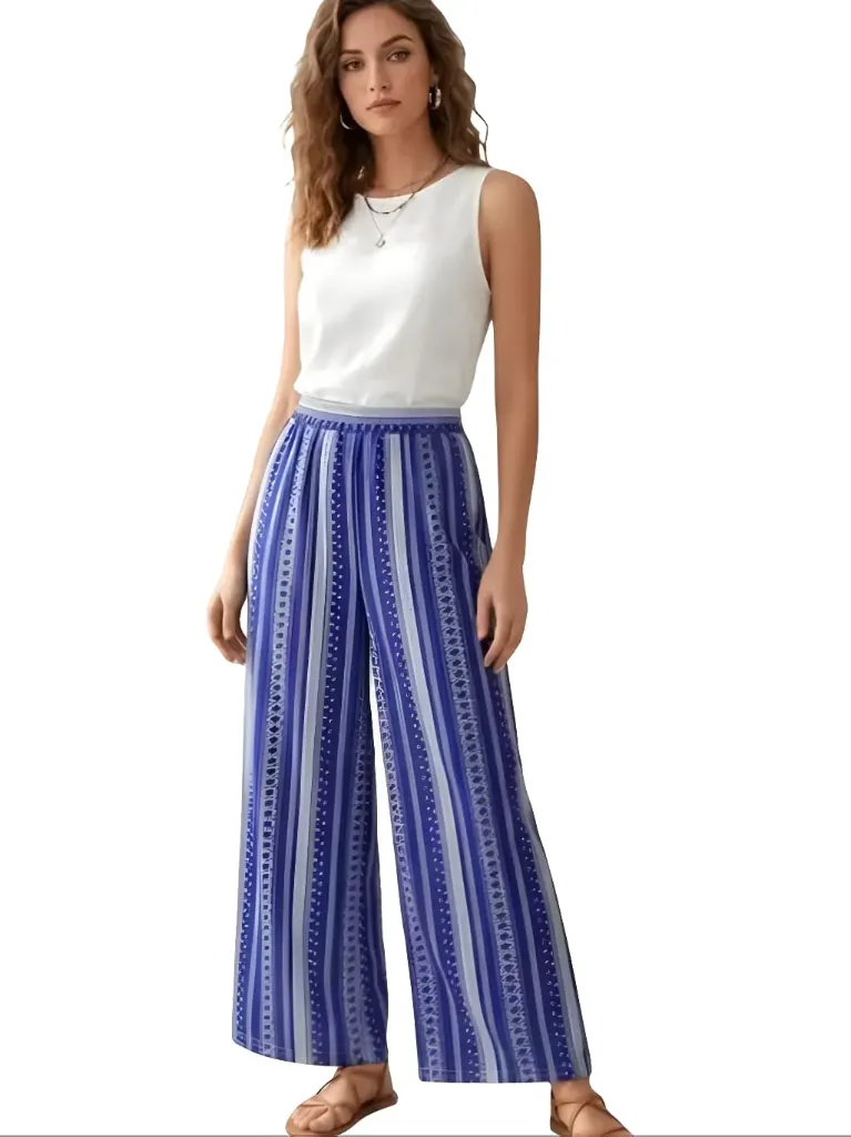 Bohemian Blue Striped Wide-Leg Palazzo