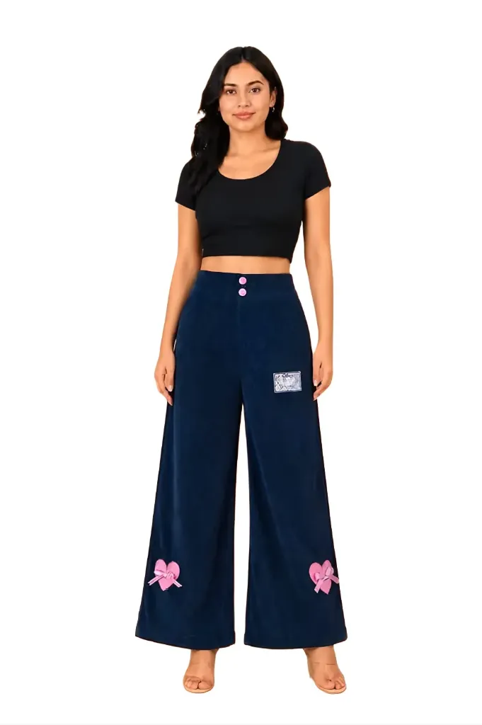 Playful Heart-Accent Wide-Leg Pant