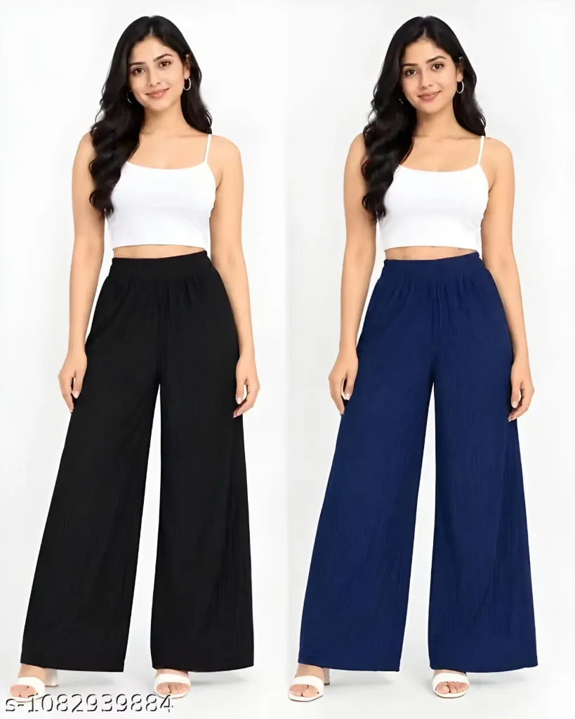 Solid Crinkle-Texture Wide-Leg Palazzo
