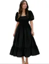 Classic Black Puff-Sleeve Midi Dress