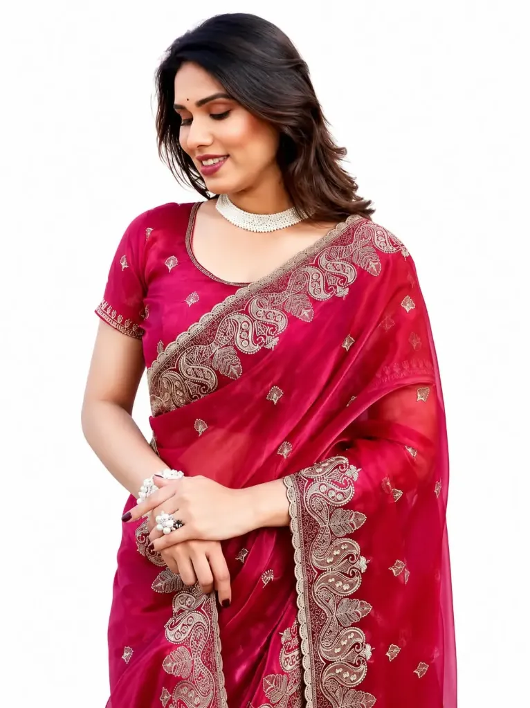 Women's Traditional Embroidered Organza Saree