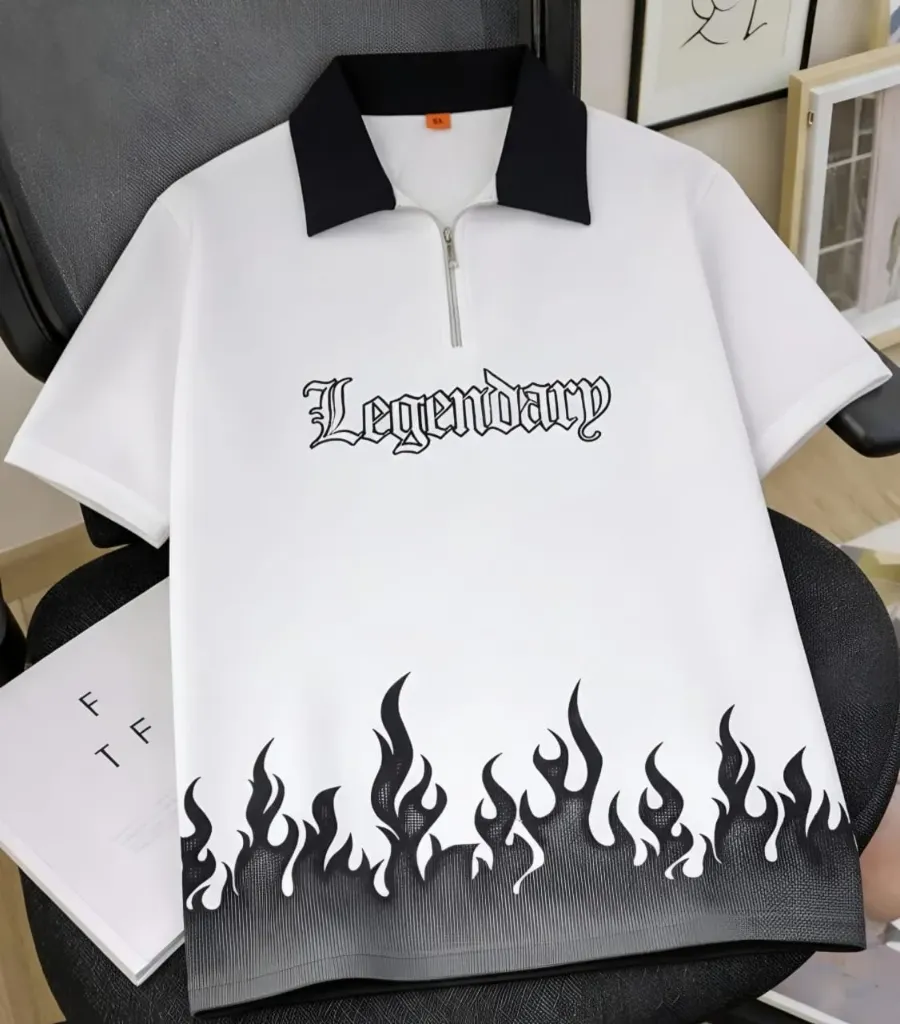 Legendary Flame Print Half-Zip Polo T-Shirt
