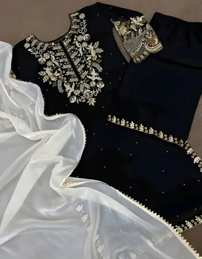 Elegant Black Embroidered Kurta Set with Organza Dupatta.