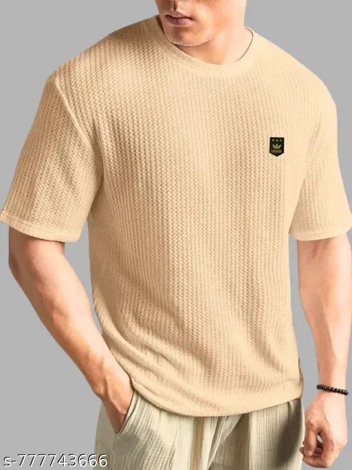 Leemak Men Solid Waffle Knit Half Sleeve Round Neck T-Shirt